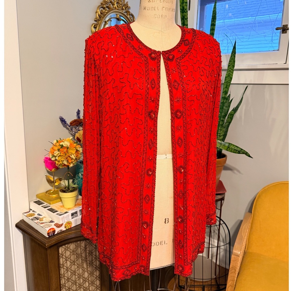 Vintage STUNNING‎ Red Beaded Sequin Cardigan Jacket Evening Glamour - M / L